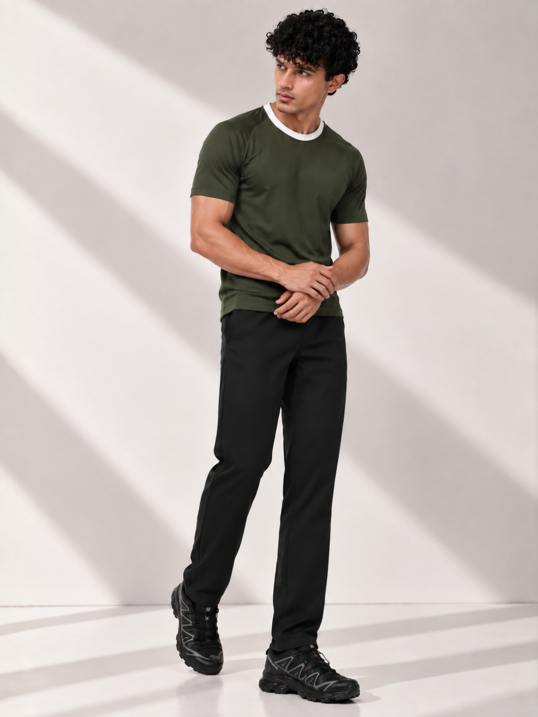 Olive Mens Cuddle Half Sleeve + Black Speedwind Commuter Pants