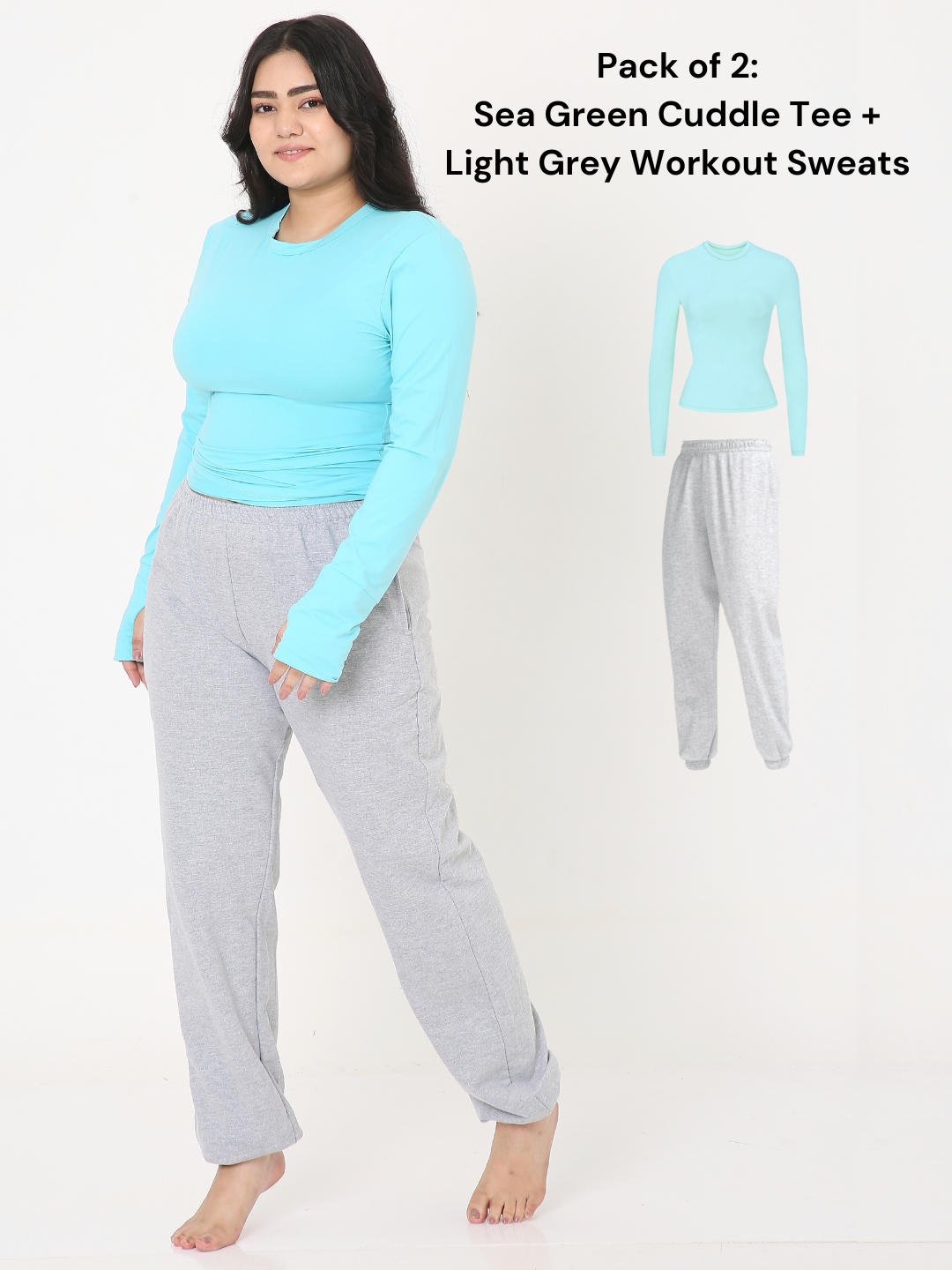 Sea Green Cuddle Tee + Light Grey Workout Sweats