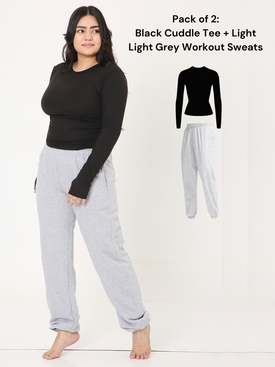 Black Cuddle Tee + Light Grey Workout Sweats