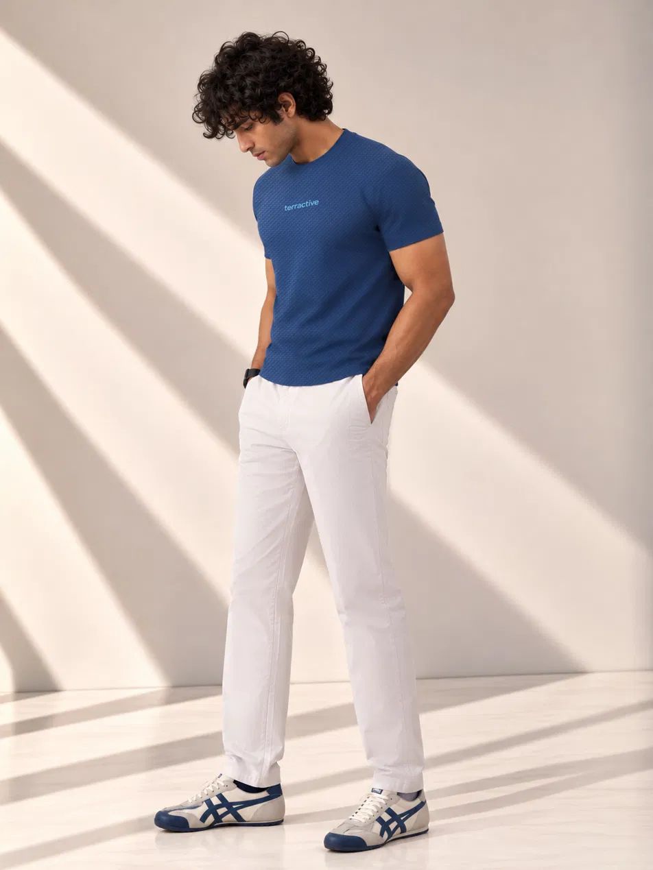Navy Motion Tee + Stone Speedwind Commuter Pants