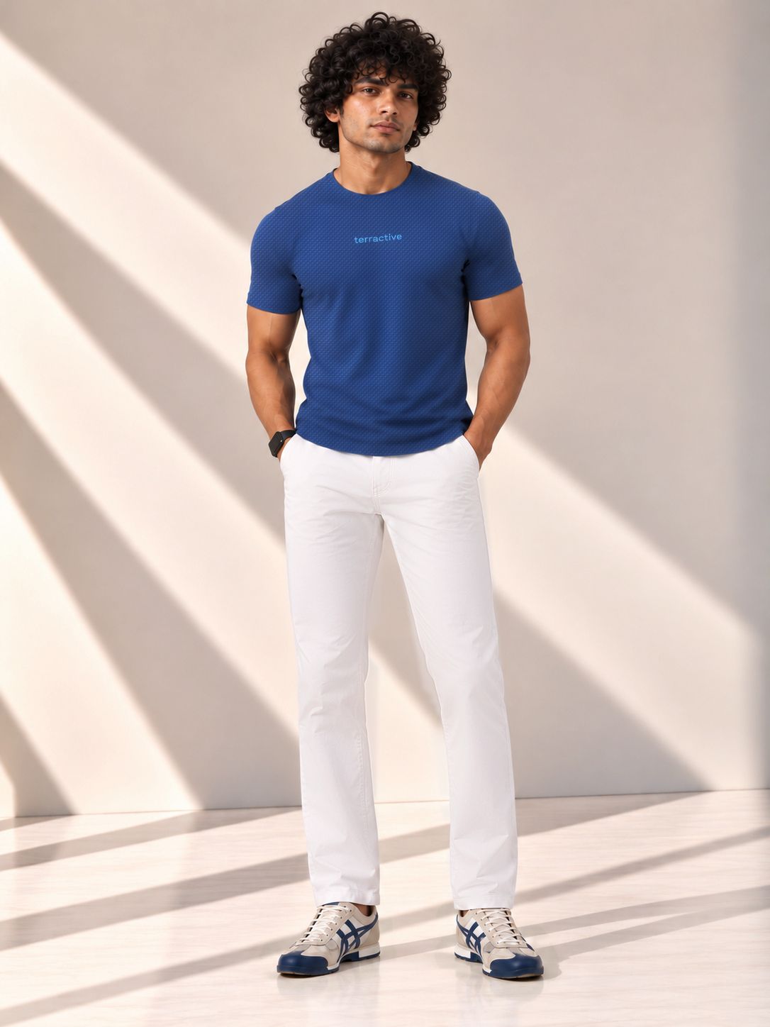 Navy Motion Tee + Stone Speedwind Commuter Pants